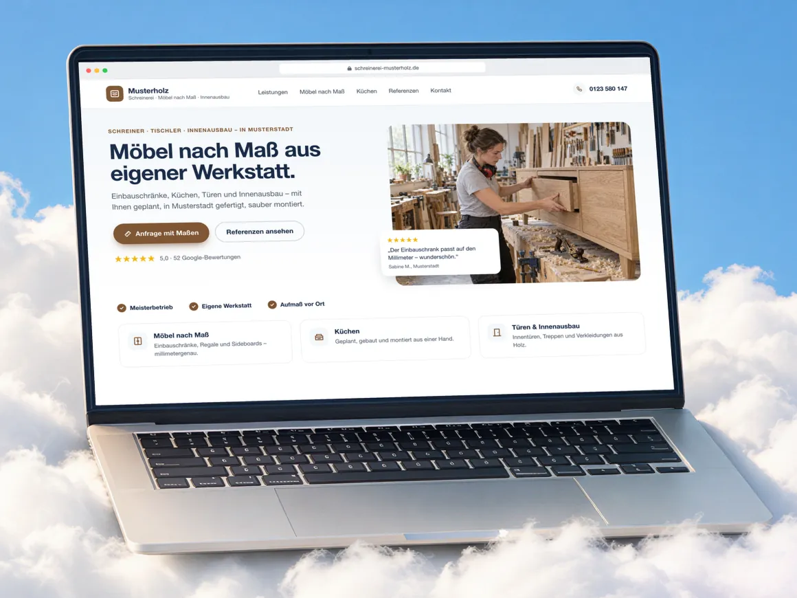 Beispiel-Website einer Schreinerei mit Möbeln nach Maß, Küchen, Türen und Innenausbau auf einem Laptop