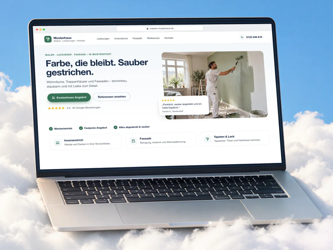 Beispiel-Website eines Malerbetriebs mit Leistungen für Innenräume, Fassade und Lackierarbeiten auf einem Laptop