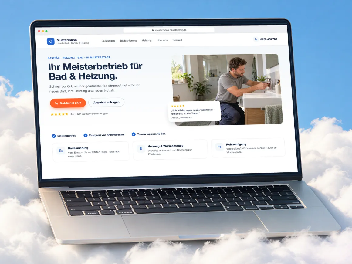 Beispiel-Website eines Sanitär- und Heizungsbetriebs mit Notdienst-Knopf und Leistungen auf einem Laptop