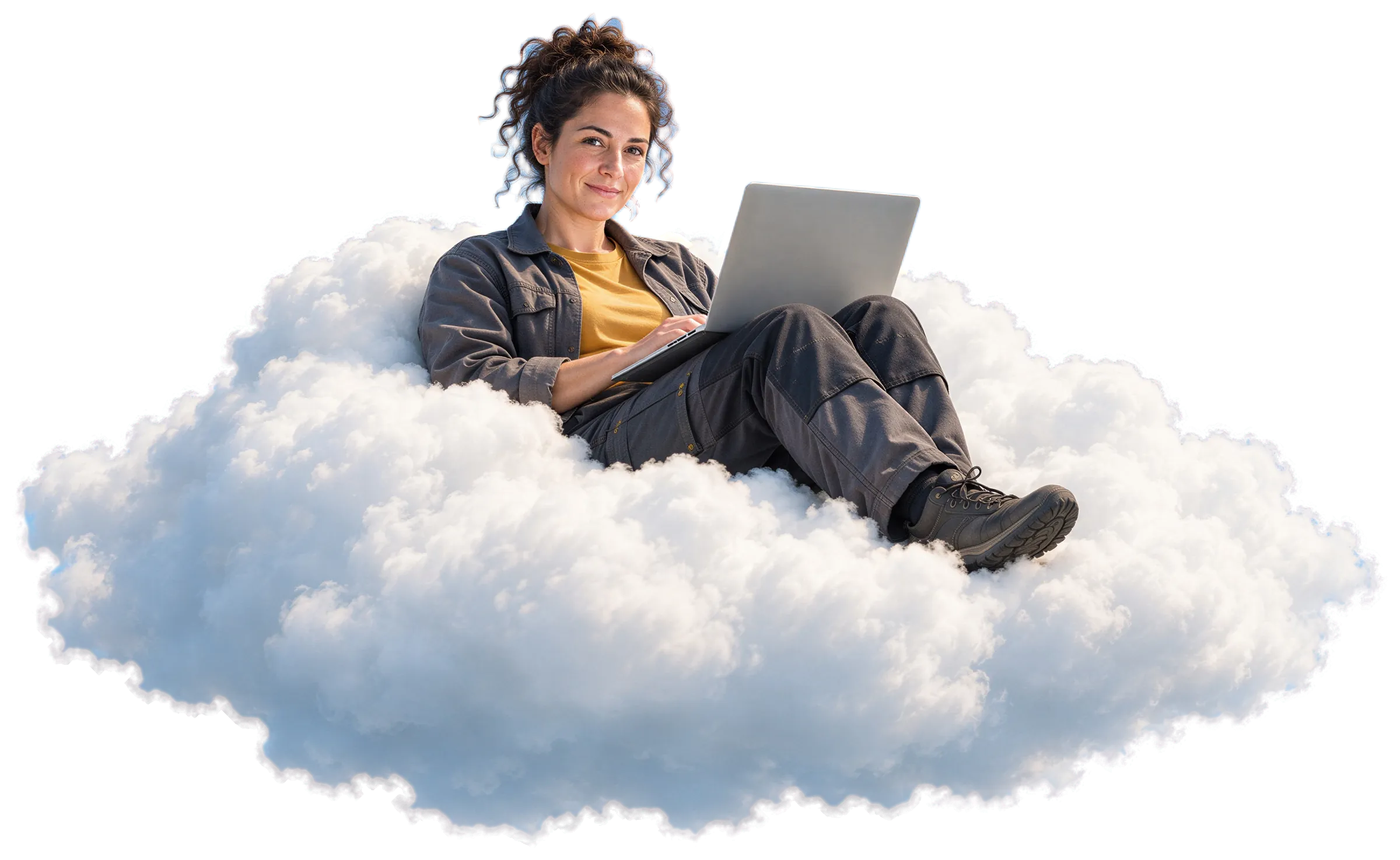 Eine Elektrikerin lehnt in einer Wolke, den aufgeklappten Laptop auf den Knien, und schaut lächelnd in die Kamera.