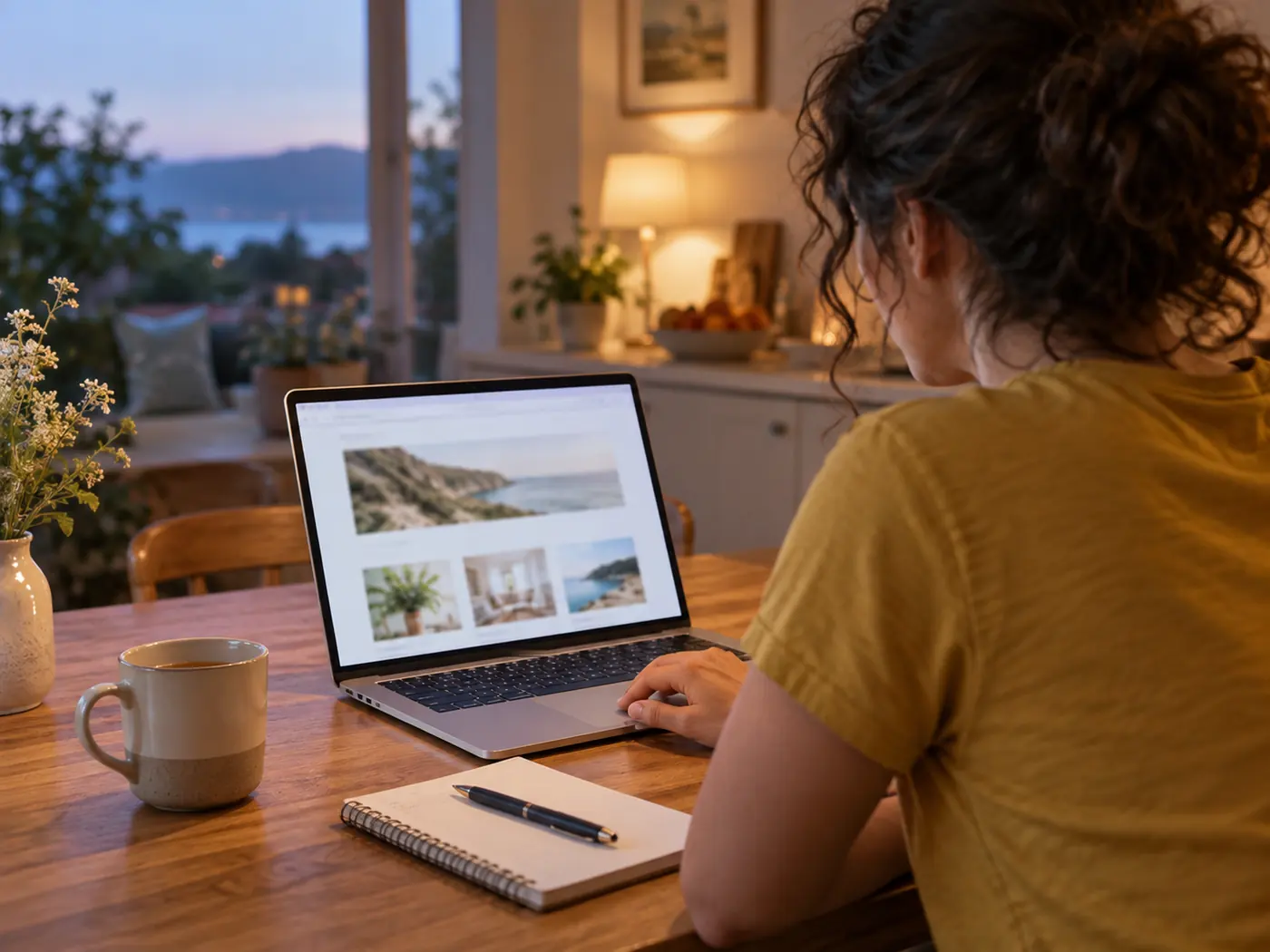 Abends am Küchentisch: Eine Handwerkerin sieht sich am Laptop den Entwurf einer Website an, daneben Notizblock und Tee.