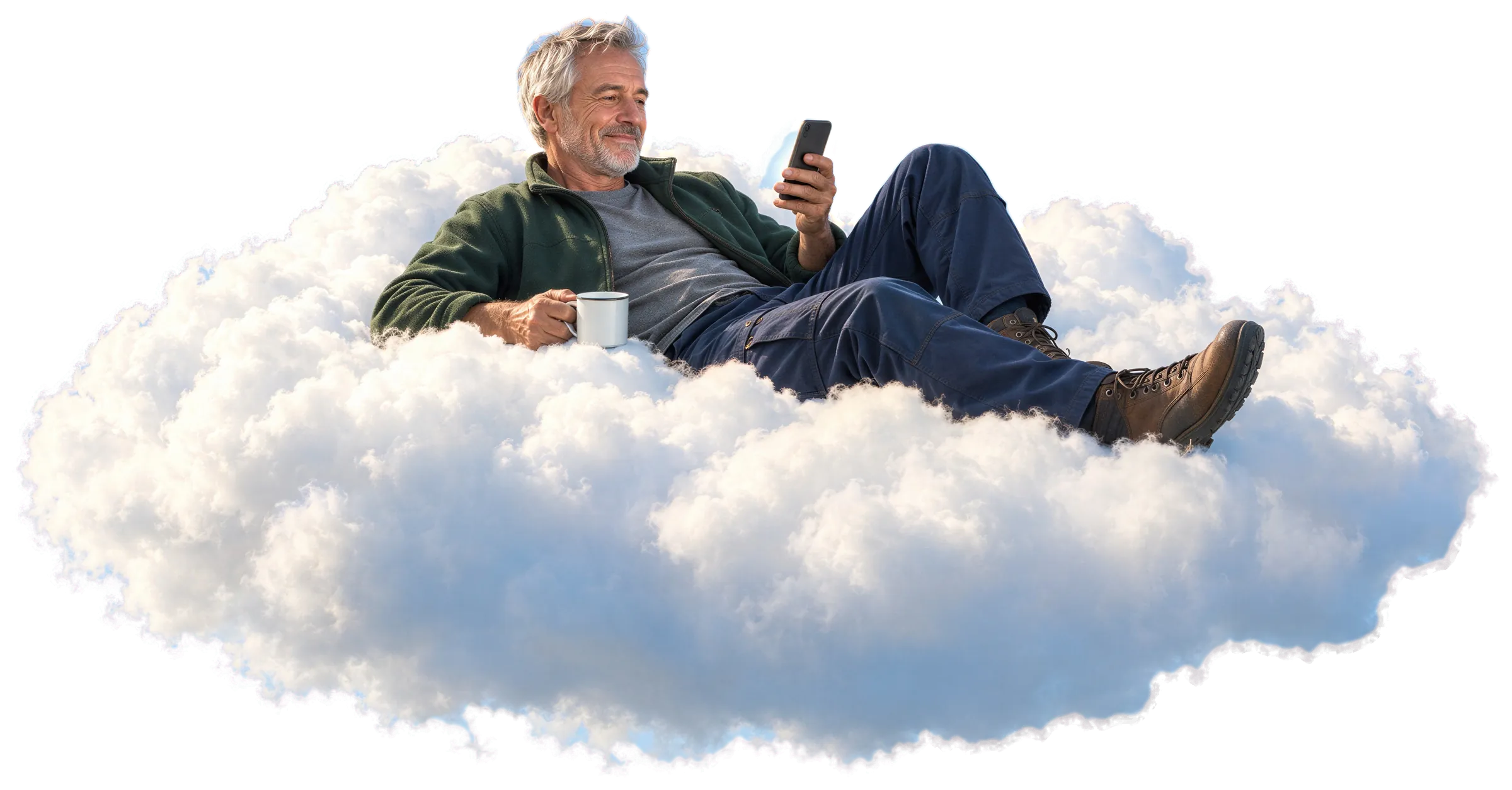 Ein Handwerksmeister lehnt entspannt in einer Wolke, einen Kaffeebecher in der einen, das Handy in der anderen Hand.