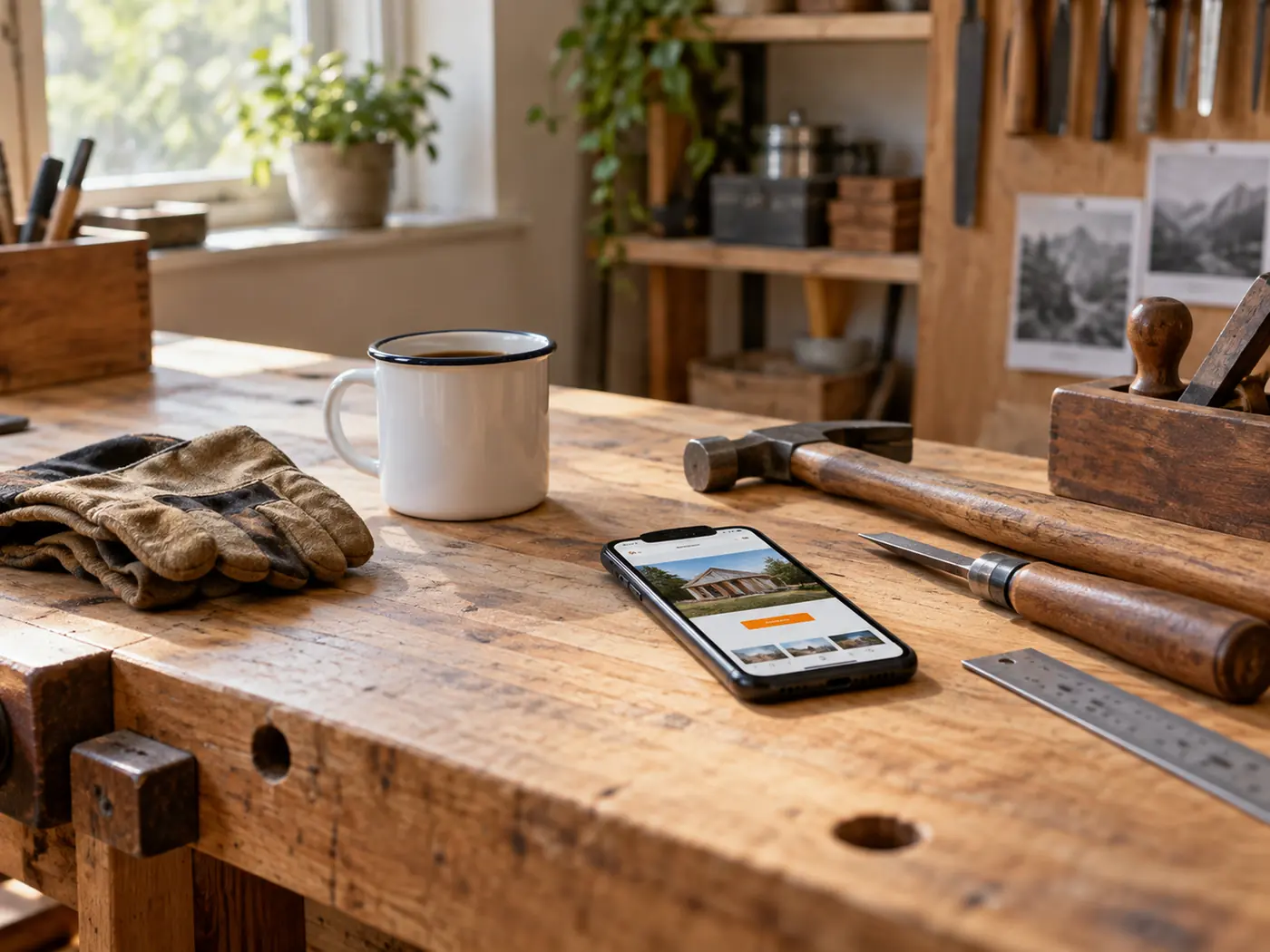 Aufgeräumte Werkbank mit Handwerkszeug, Kaffeebecher und einem Handy, auf dem eine fertige Website zu sehen ist.