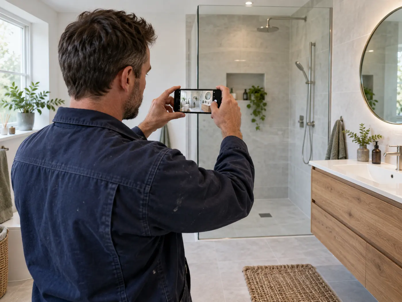 Ein Handwerker fotografiert mit dem Handy ein frisch saniertes Bad.
