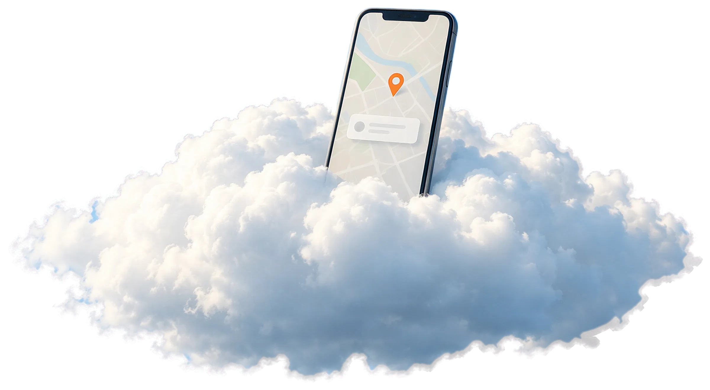 Handy mit einer Karte und einer orangen Stecknadel auf einer Wolke