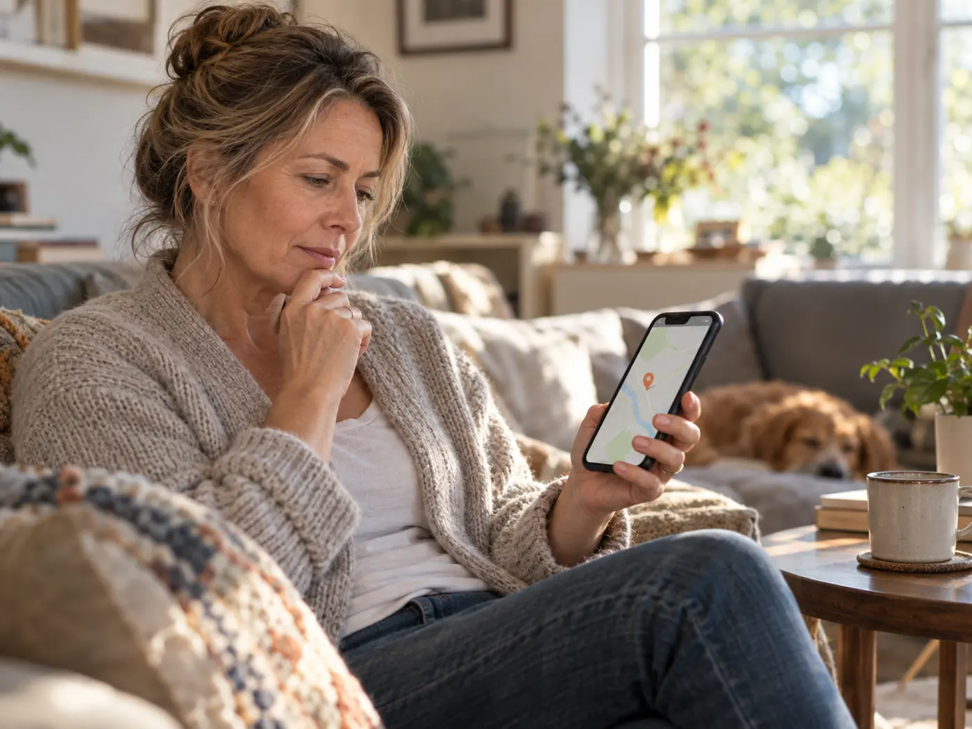 Eine Frau sitzt zu Hause auf dem Sofa und sucht auf ihrem Handy nach einem Handwerker in der Nähe.
