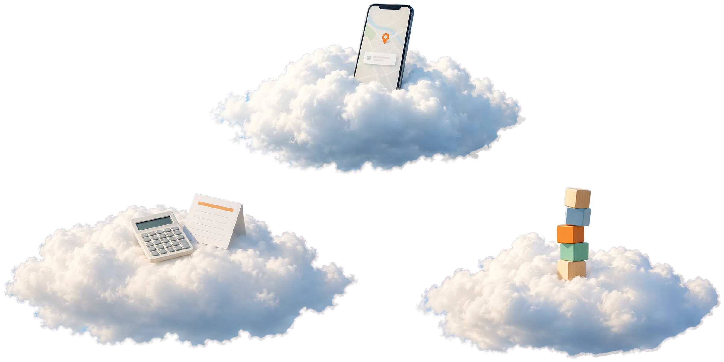 Drei Wolken: auf einer Taschenrechner und Rechnung, auf einer ein Handy mit Karte, auf einer ein Turm aus Holzbausteinen.