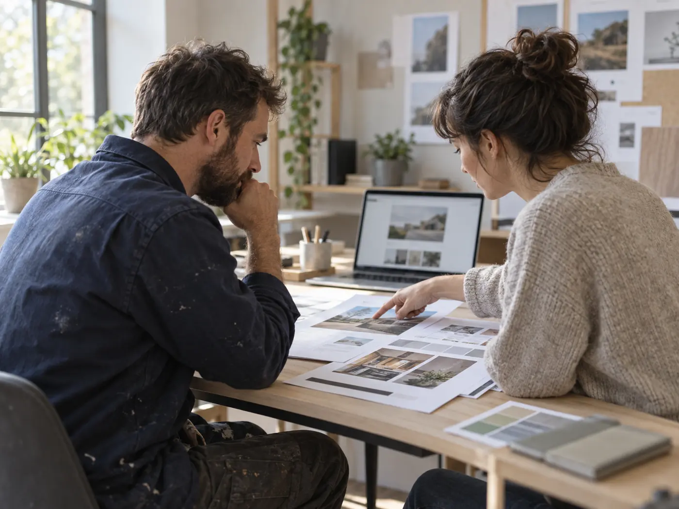 Ein Handwerker und eine Webdesignerin besprechen am Schreibtisch ausgedruckte Entwürfe einer Website.