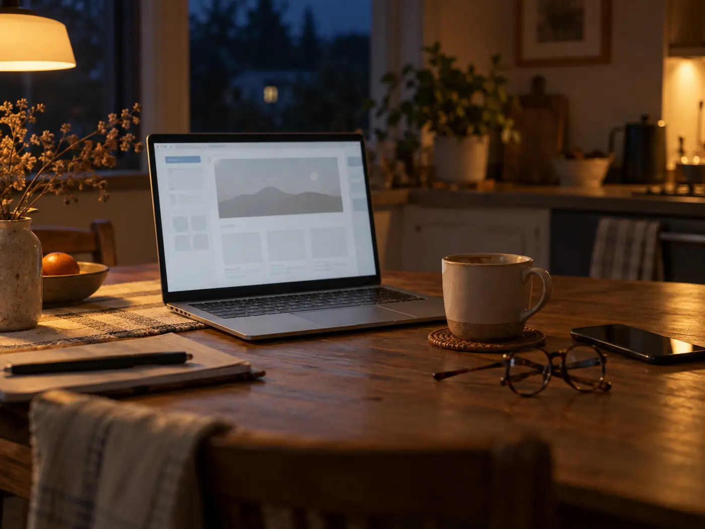 Spätabends am Küchentisch: ein aufgeklappter Laptop mit dem Editor eines Baukastens, daneben Kaffeetasse, Lesebrille und Handy.