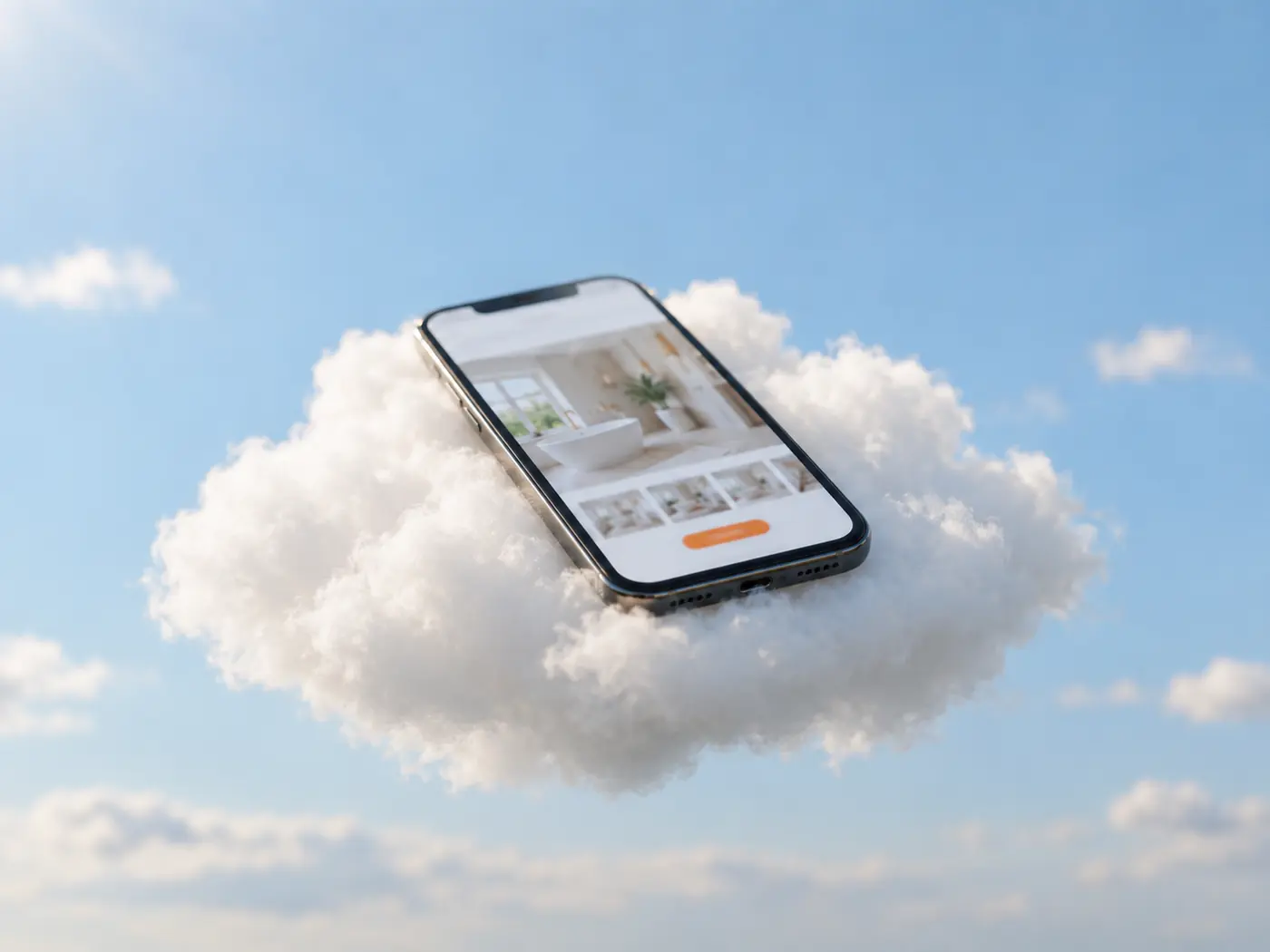 Ein Handy mit einer fertigen Handwerker-Website liegt auf einer Wolke.
