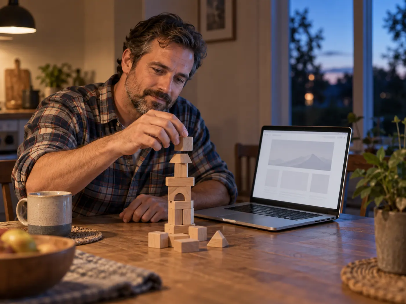 Abends am Küchentisch baut ein Mann einen Turm aus Holzbausteinen, daneben ein Laptop mit einer leeren Baukasten-Vorlage.