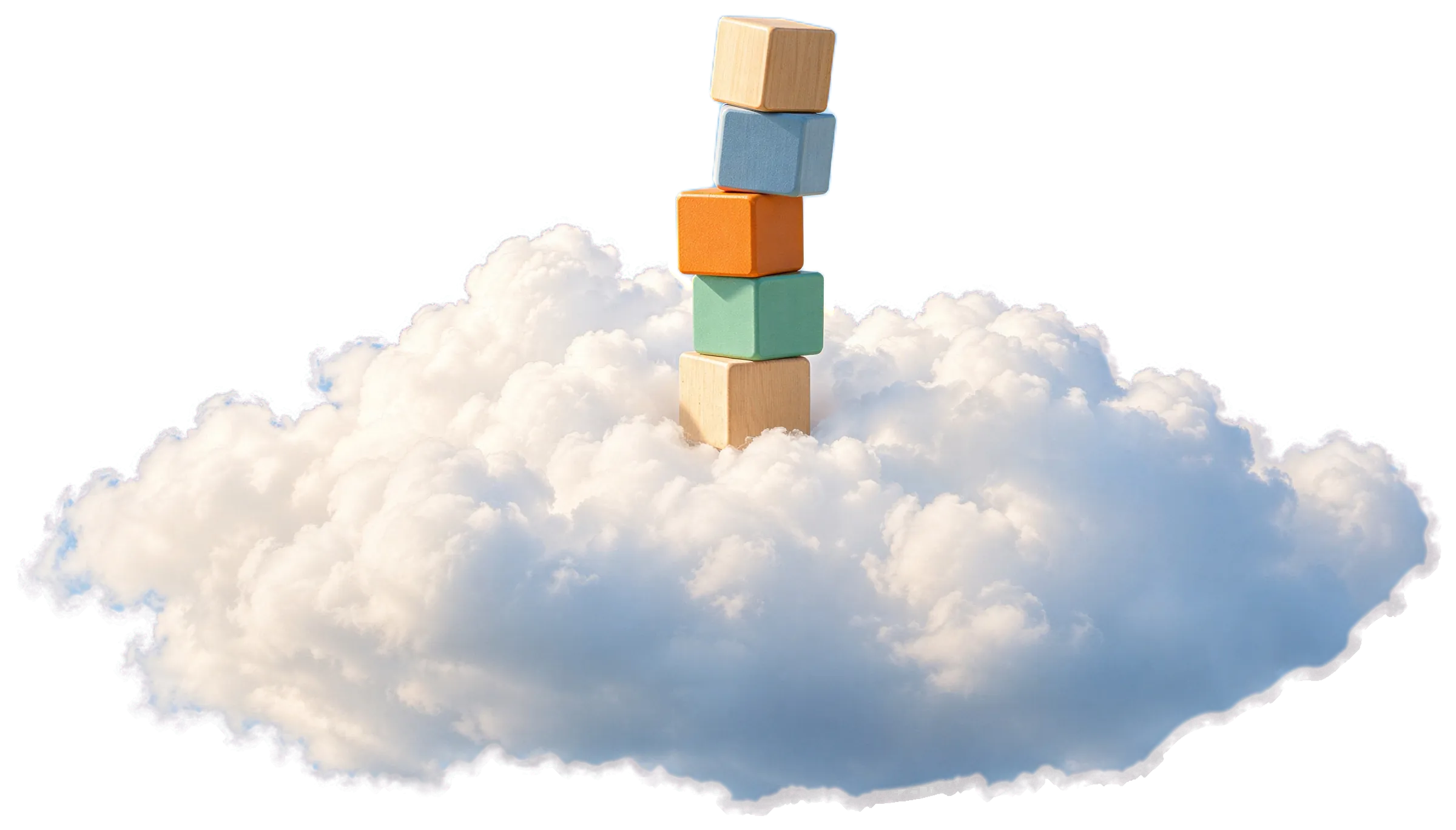 Ein Turm aus bunten Holzbausteinen steht auf einer Wolke.