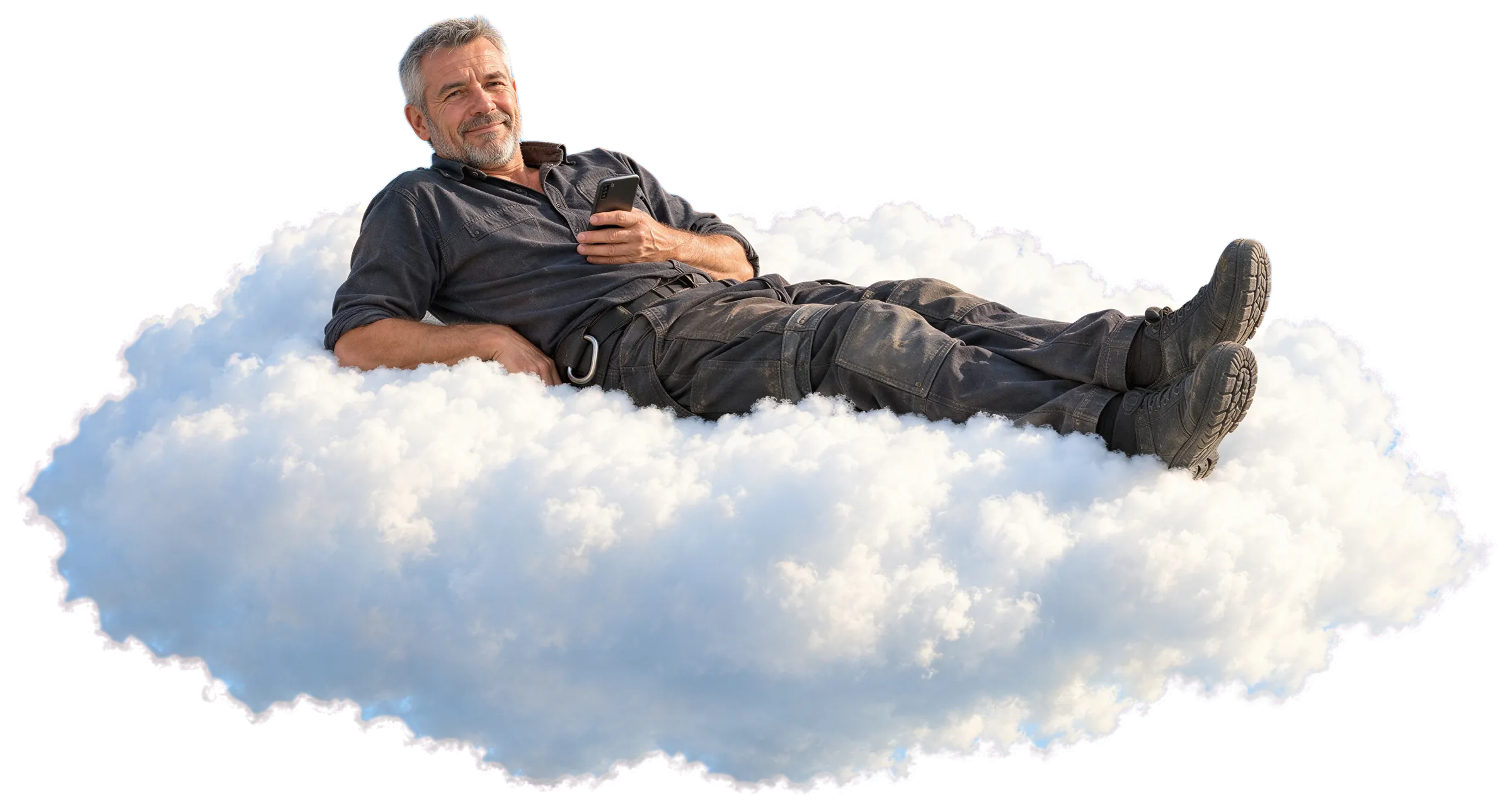 Ein Dachdecker mit Sicherheitsgurt liegt entspannt, auf die Ellbogen gestützt, auf einer Wolke, das Handy in der Hand.