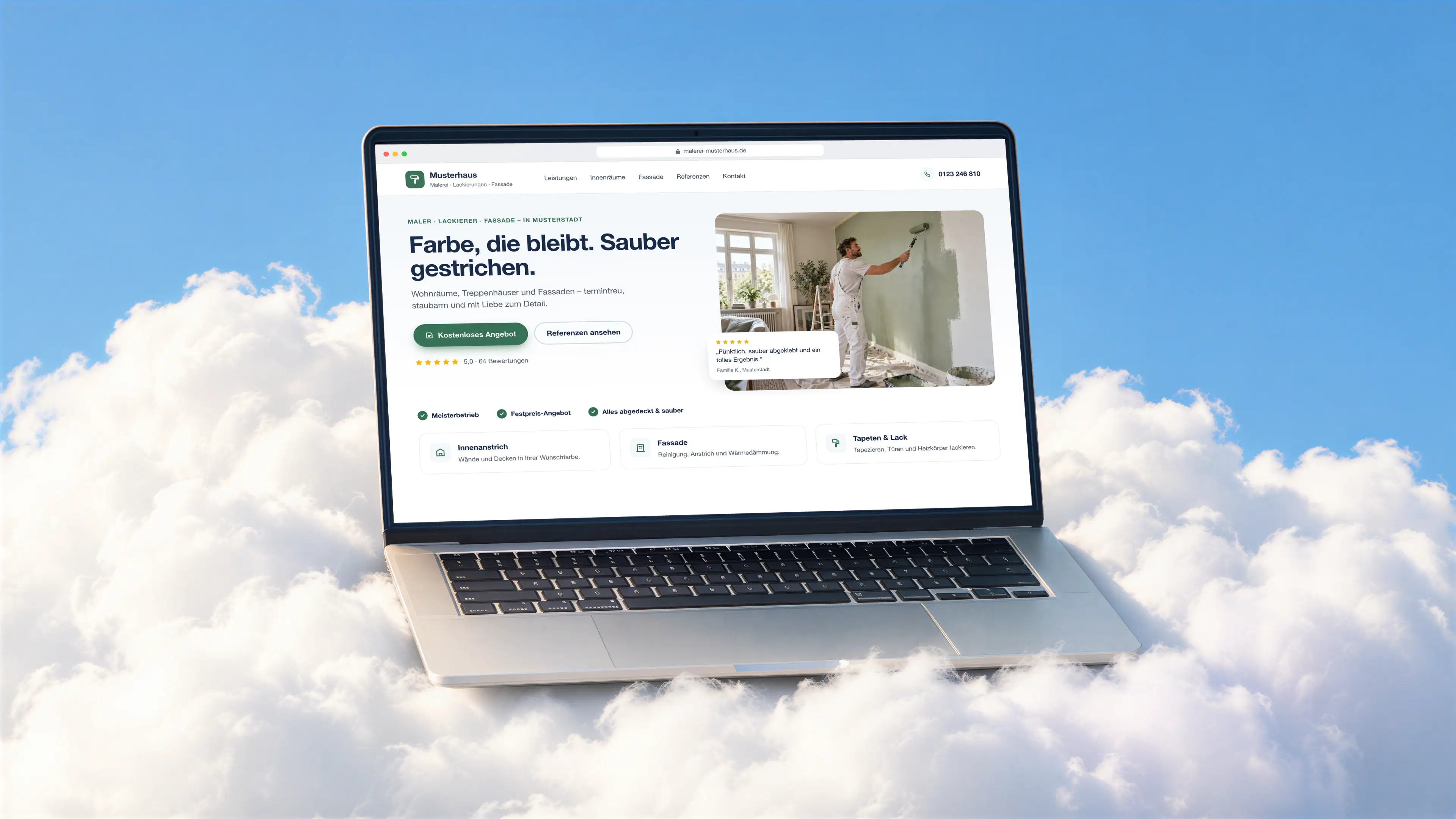 Beispiel-Website eines Malerbetriebs mit Leistungen für Innenräume, Fassade und Lackierarbeiten auf einem Laptop