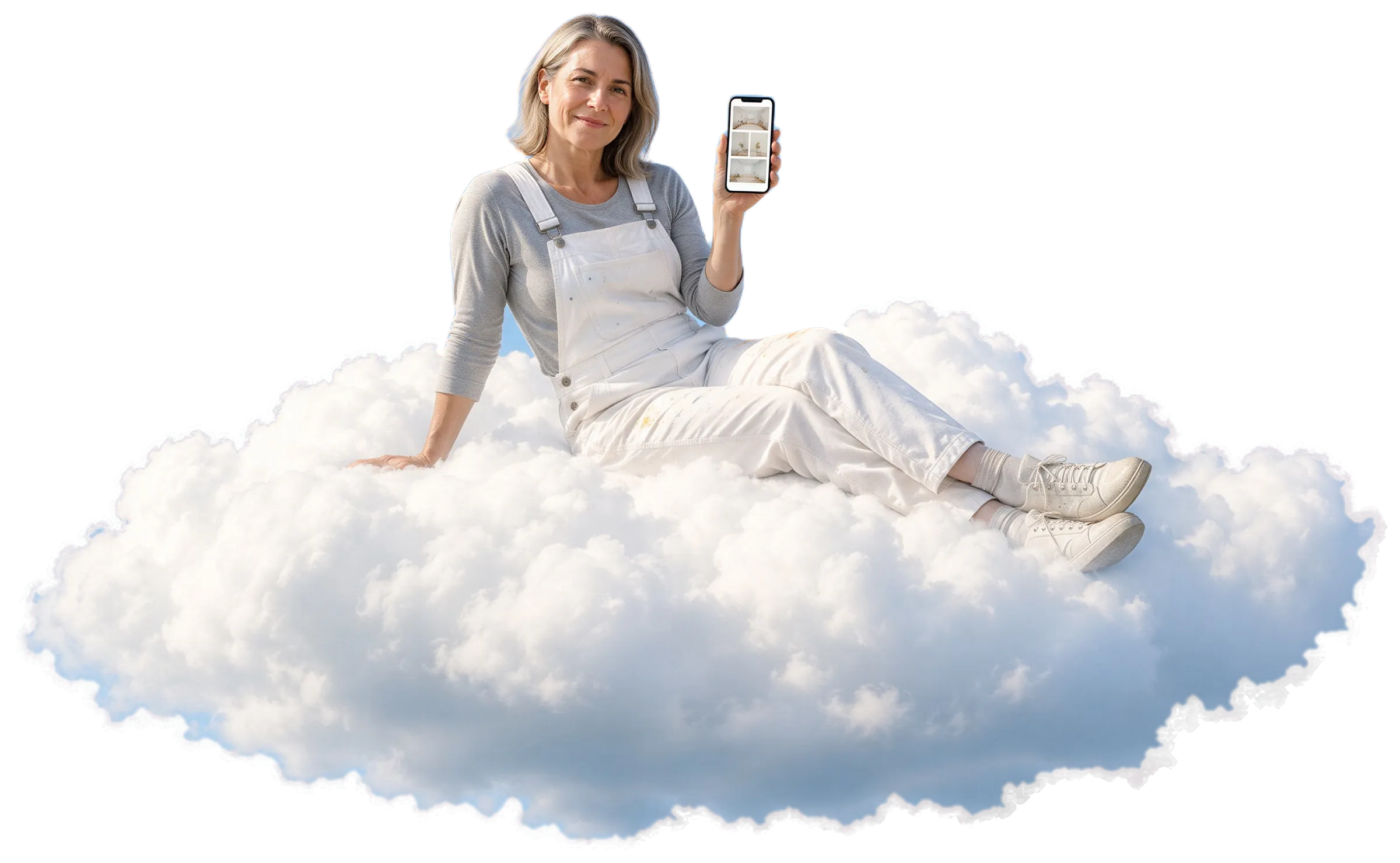 Eine Malermeisterin in weißer Latzhose sitzt auf einer Wolke und zeigt auf dem Handy die Fotogalerie ihrer Website.
