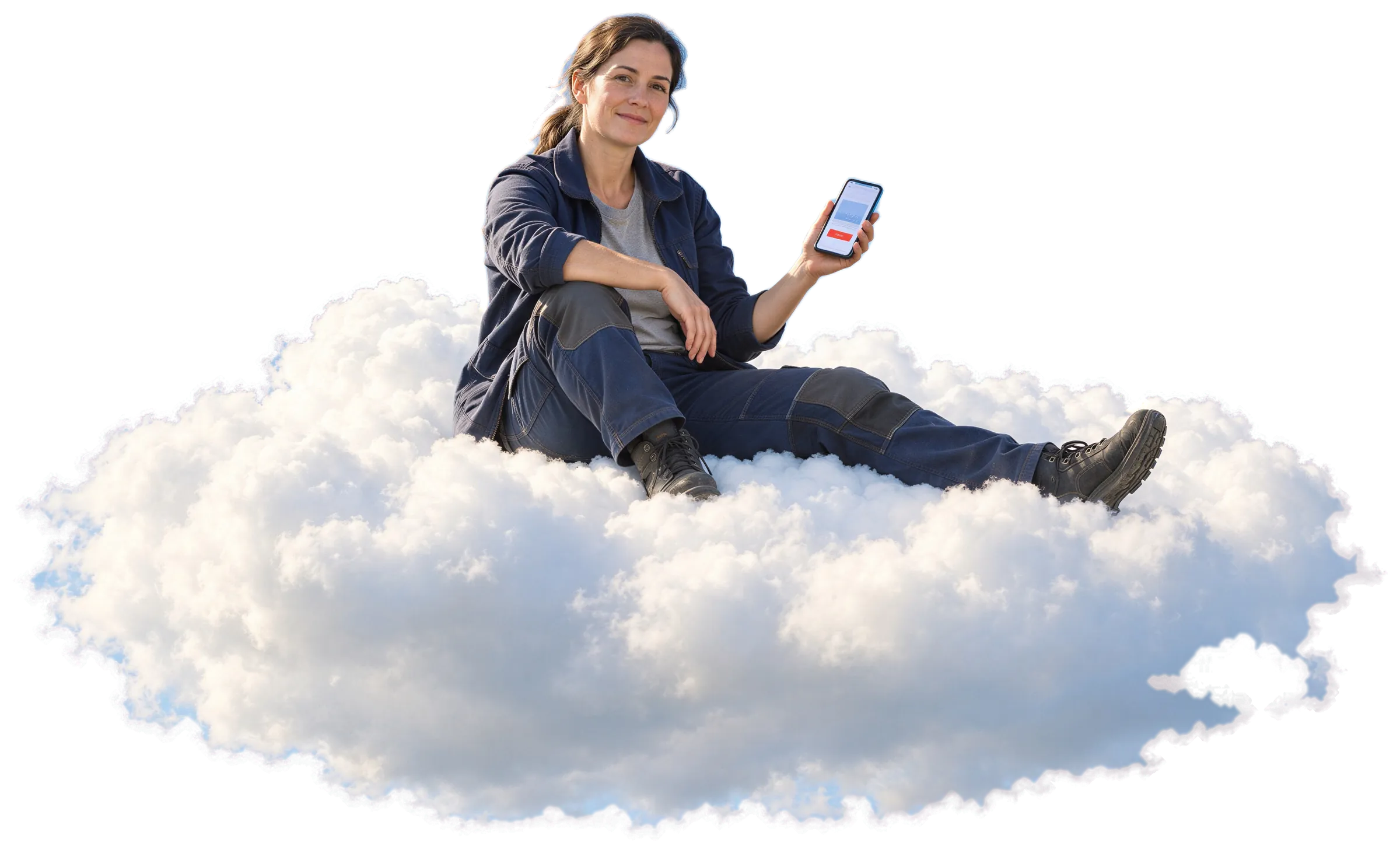 Eine Installateurmeisterin in dunkelblauer Arbeitskleidung sitzt auf einer Wolke und zeigt auf dem Handy ihre Website mit rotem Notdienst-Knopf.