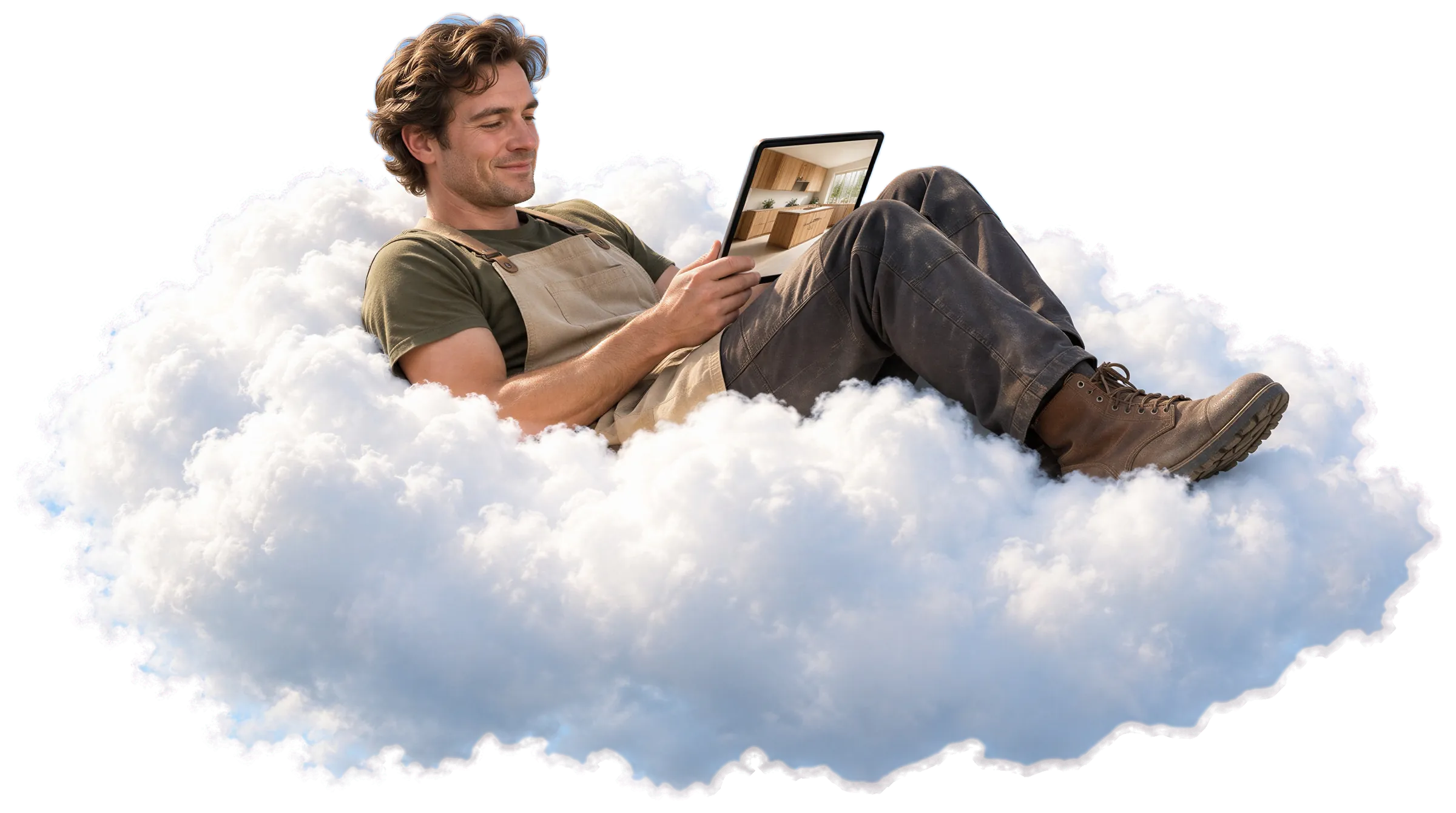 Ein Schreiner mit Arbeitsschürze lehnt in einer Wolke und schaut auf seinem Tablet das Foto einer Einbauküche an.